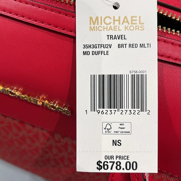 Michael Kors MK Jet Set Travel Medium Duffle Bag Satchel Bright Red MK Signature - Picture 11 of 16